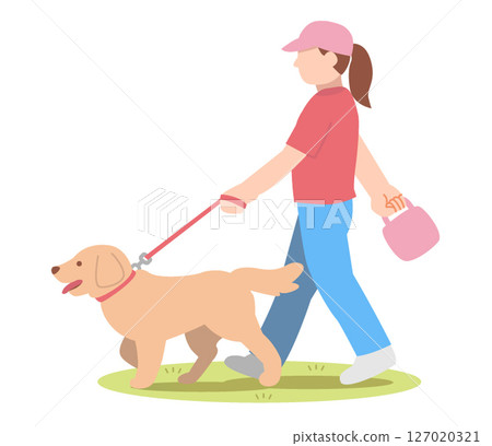 Illustration of a woman walking a dog 127020321