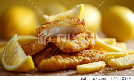 Close-up of crispy battered fish and thick golden fries on a light yellow background with a hint of parsley garnish Close-up of crispy battered fish and thick golden fries on a light yellow background with a hint of parsley garnish 127020339