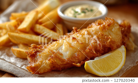 Traditional fish and chips plated on a light yellow surface with creamy tartar sauce and lemon slices for flavor Traditional fish and chips plated on a light yellow surface with creamy tartar sauce and lemon slices for flavor 127020340