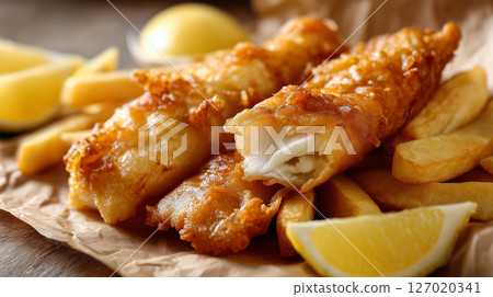 Golden fried fish and crispy chips served on a light yellow background with lemon wedges and tartar sauce on the side Golden fried fish and crispy chips served on a light yellow background with lemon wedges and tartar sauce on the side 127020341