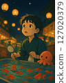 Illustration of a boy scooping goldfish at a festival 127020379