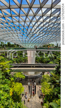 Singapore, 7 April 2025 : Parallax view of indoor Singapore rain vortex dome waterfall in rain forest Jewel Changi Airport Singapore 127020554