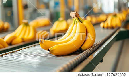 Fresh bananas on conveyor belt in food processing facility 127020632