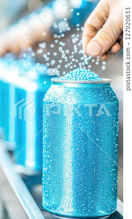 Refreshing beverage concept with blue aluminum can and water droplets for summer design 127020633