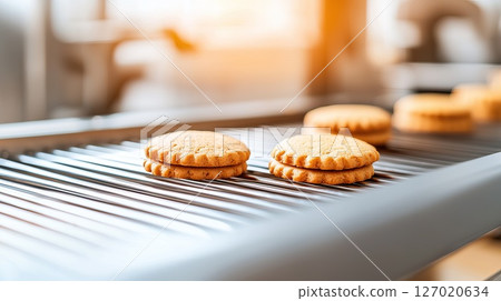 Freshly baked cookies on conveyor belt in modern bakery setting 127020634