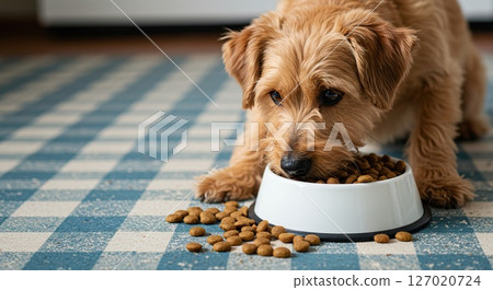 Adorable terrier enjoying kibble meal on checkered floor at home Adorable terrier enjoying kibble meal on checkered floor at home 127020724