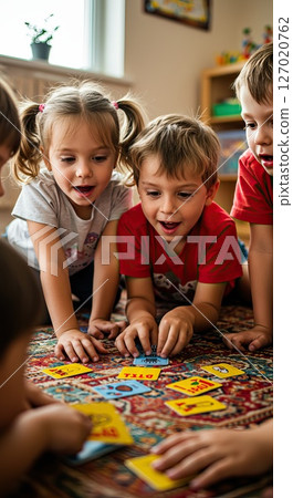 Engaged children playing educational card game indoors 127020762