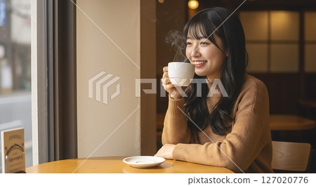 A woman drinking delicious coffee in a stylish cafe AI-generated image 127020776