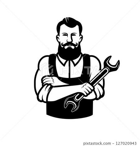 Illustration of mechanic with wrench. Design element for emblem, sign, badge. Vector illustration Illustration of mechanic with wrench. Design element for emblem, sign, badge. Vector illustration 127020943