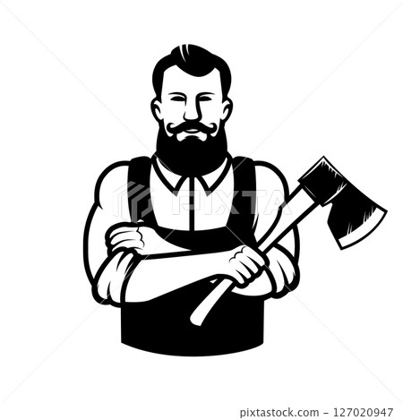 Illustration of lumberjack with axe. Design element for emblem, sign, badge. Vector illustration 127020947