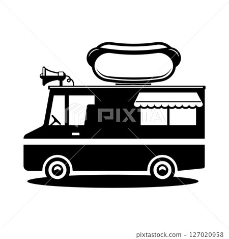 Illustration of an food truck. Design element for emblem, sign, badge. Vector illustration Illustration of an food truck. Design element for emblem, sign, badge. Vector illustration 127020958