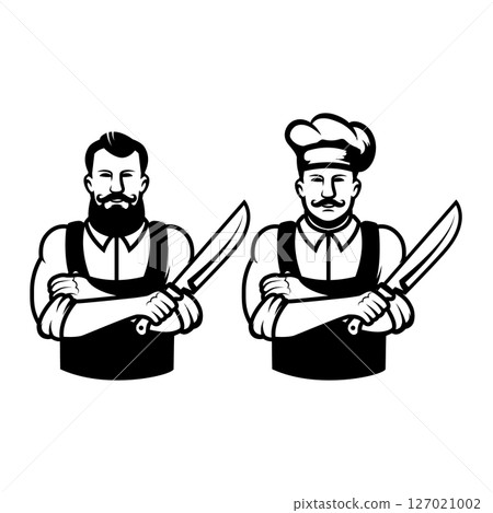 Illustration of a butcher with hatchet and meat. Design element for emblem, sign, badge. Vector illustration Illustration of a butcher with hatchet and meat. Design element for emblem, sign, badge. Vector illustration 127021002