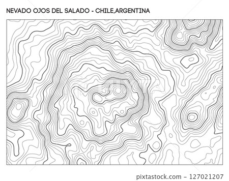 Topographic contour map of Nevado Ojos del Salado volcano on the Chile Argentina border with crater and elevation detail. Contour lines vector terrain background. 127021207