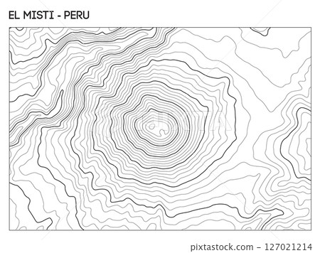 Topographic contour map of El Misti volcano in Peru showing central crater and symmetrical elevation contours. Contour lines vector terrain background. Topographic contour map of El Misti volcano in Peru showing central crater and symmetrical elevation contours. Contour lines vector terrain background. 127021214