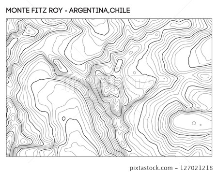 Topographic contour map of Monte Fitz Roy in Patagonia spanning Argentina and Chile with rugged elevation detail. Contour lines vector terrain background. 127021218
