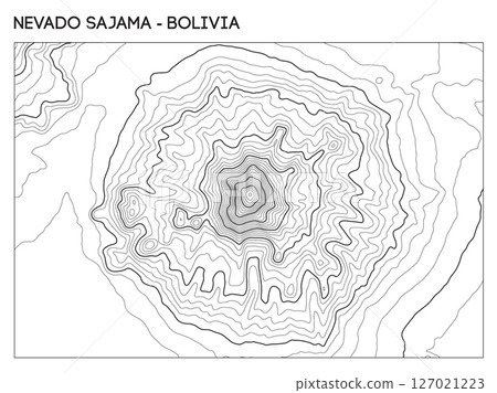 Topographic contour map of Nevado Sajama stratovolcano in Bolivia with radial elevation patterns. Contour lines vector terrain background. 127021223