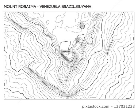 Topographic contour map of Mount Roraima plateau across Venezuela, Brazil, and Guyana tri border region. Contour lines vector terrain background. 127021228