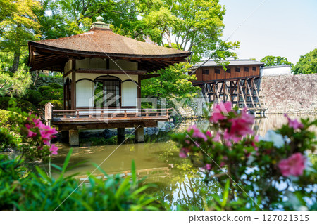 In summer, Wakayama Castle and Momijidani Garden, with Engyokaku tower floating on the pond. 127021315