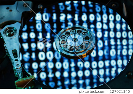 A hard disk with a blue binary code 127021340
