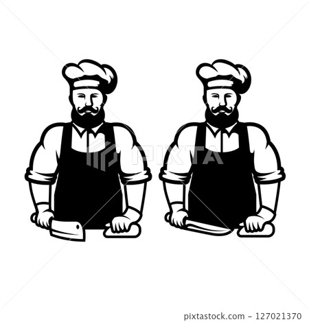 Illustration of a butcher with hatchet and meat. Design element for emblem, sign, badge. Vector illustration Illustration of a butcher with hatchet and meat. Design element for emblem, sign, badge. Vector illustration 127021370