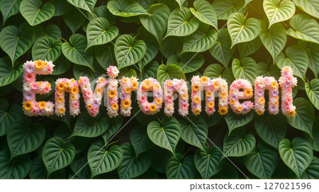 floral environment text on green leaf background. 127021596