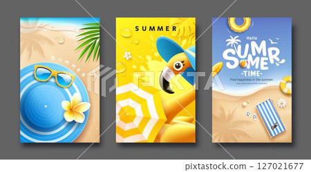 Summer poster collections, yellow and blue concept design three stlye background 127021677
