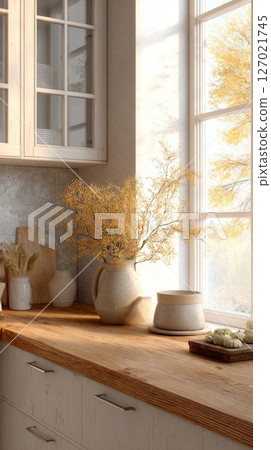 Morning light fills a warm-toned kitchen adorned with fall decor, creating a cozy, inviting atmosphere 127021745
