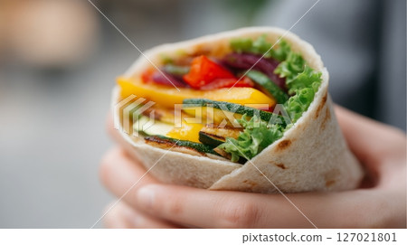 Hands hold a colorful wrap with grilled veggies, highlighting casual, eco-friendly eating 127021801