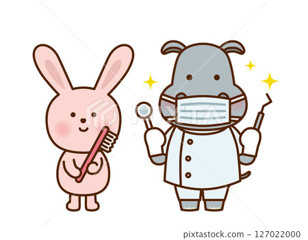 一隻拿著牙刷的兔子和一隻作為牙醫的河馬的可愛插圖 127022000