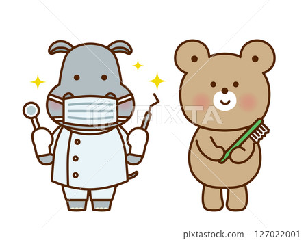 一隻拿著牙刷的熊和一隻作為牙醫的河馬的可愛插圖 127022001