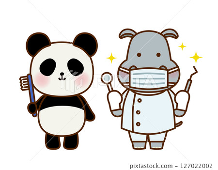 Cute illustration of a panda holding a toothbrush and a hippopotamus as a dentist Cute illustration of a panda holding a toothbrush and a hippopotamus as a dentist 127022002