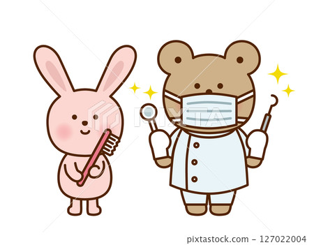Cute illustration of a rabbit with a toothbrush and a dentist bear Cute illustration of a rabbit with a toothbrush and a dentist bear 127022004