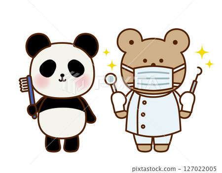 Cute illustration of a panda holding a toothbrush and a dentist bear Cute illustration of a panda holding a toothbrush and a dentist bear 127022005