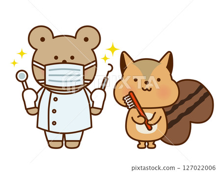 一隻拿著牙刷的松鼠和一隻牙醫熊的可愛插圖 一隻拿著牙刷的松鼠和一隻牙醫熊的可愛插圖 127022006