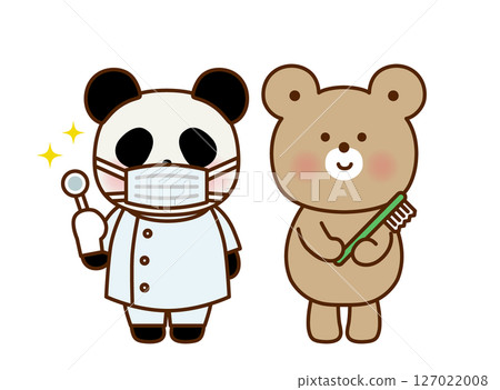 Cute illustration of a bear holding a toothbrush and a dentist panda Cute illustration of a bear holding a toothbrush and a dentist panda 127022008