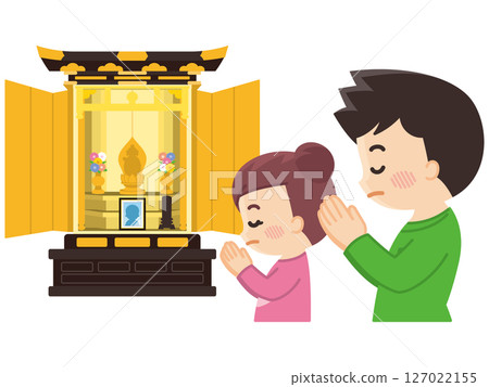 父母與孩子在佛壇前祈禱 父母與孩子在佛壇前祈禱 127022155