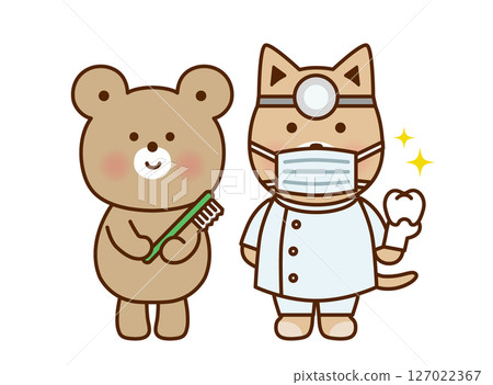 Cute illustration of a bear and a dentist dog holding a toothbrush 127022367
