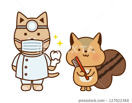 一隻拿著牙刷的松鼠和一隻牙醫狗的可愛插圖 127022368