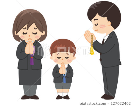 Funeral: Parents and children in mourning clothes praying with prayer beads Funeral: Parents and children in mourning clothes praying with prayer beads 127022402