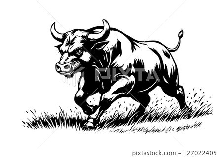 Dynamic black and white vector illustration of a powerful bull charging through grass, ideal for logos, prints, mascots, and bold animal-themed designs. 127022405