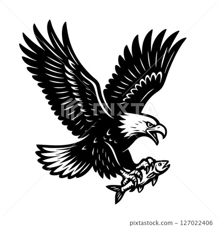 Bold black and white vector of a majestic eagle soaring with a fish in its talons, ideal for logos, tattoos, wildlife prints, and nature-themed designs. 127022406