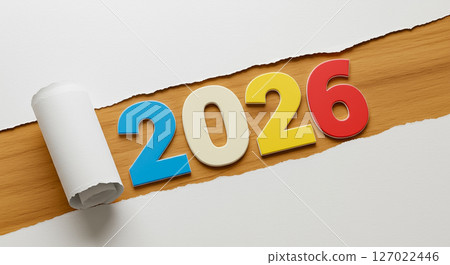 Colorful 2026 numbers under torn paper concept showing hidden New Year message in simple minimalist design Colorful 2026 numbers under torn paper concept showing hidden New Year message in simple minimalist design 127022446
