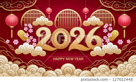 2026 Gold color numbers and Chinese traditional lanterns, clouds and plum blossoms on a dark red background, celebrating Chinese New Year 2026 Gold color numbers and Chinese traditional lanterns, clouds and plum blossoms on a dark red background, celebrating Chinese New Year 127022448