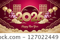 2026 Gold color numbers and Chinese traditional lanterns, clouds and plum blossoms on a dark red background, celebrating Chinese New Year 127022449