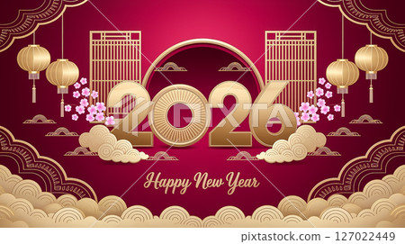 2026 Gold color numbers and Chinese traditional lanterns, clouds and plum blossoms on a dark red background, celebrating Chinese New Year 127022449