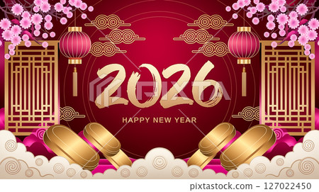 2026 Gold color numbers and Chinese traditional lanterns, clouds and plum blossoms on a dark red background, celebrating Chinese New Year 127022450