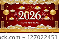 2026 Gold color numbers and Chinese traditional lanterns, clouds and plum blossoms on a dark red background, celebrating Chinese New Year 127022451