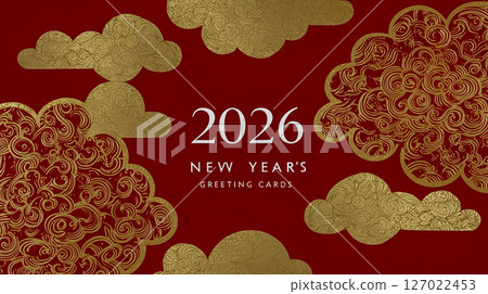 2026 金色數字和中國傳統燈籠、雲彩和梅花在深紅色背景上，慶祝中國新年 127022453