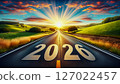 2026 painted on a foggy country road at sunrise. Symbolizes a hopeful new year journey 127022457