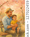 The moment when the father and child were in full bloom, enjoying pleasure together on the bench in the park under the cherry blossoms, the warm watercolor tones were captured. 127022459